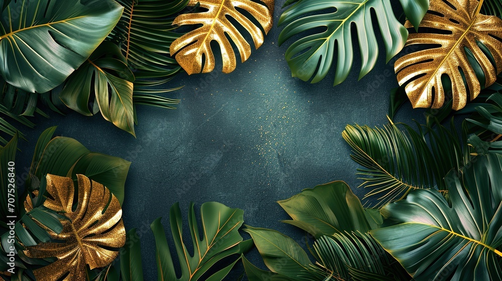 Obraz premium Tropical banner arranged from exotic and golden glitter leaves. Paradise plants, greenery and palm card. Stylish fashion frame. Sunset light. 