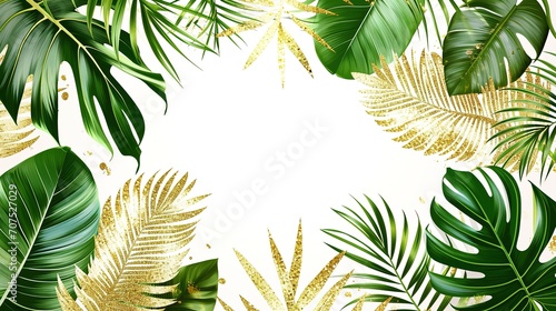 Tropical banner arranged from exotic and golden glitter leaves. Paradise plants  greenery and palm card. Stylish fashion frame. Sunset light. Wedding design. Leaves are not cut. Isolated 