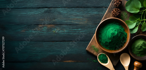 Top view of green spirulina powder on dark wooden table, a biological natural supplement for immunity and health,  Spirulina lowers cholesterol and blood pressure. Ai Generated photo