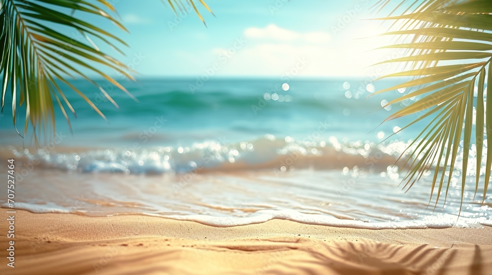 tropical sand beach scene with blue water wave and blurry green palm leaves in foreground, beach background concept with copy space for travel vacation