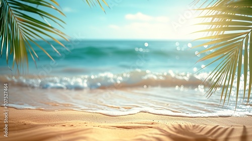 tropical sand beach scene with blue water wave and blurry green palm leaves in foreground, beach background concept with copy space for travel vacation