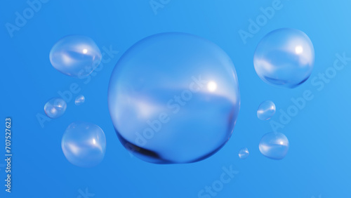 青い空に丸い複数の透明なシャボン玉。背景素材。3D（横長）