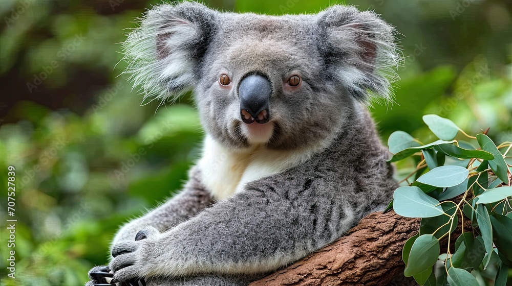 Fototapeta premium Koala Perched on Tree Branch, Lush Eucalyptus Environment