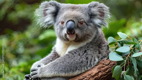 Koala Perched on Tree Branch  Lush Eucalyptus Environment