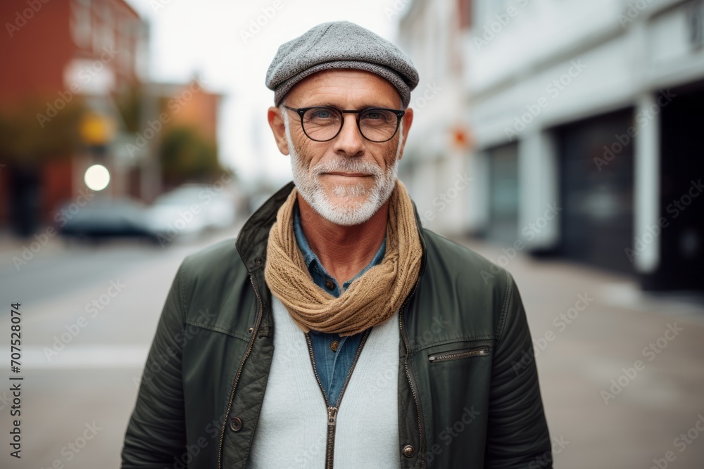 Portrait of a handsome senior man wearing glasses and a cap on a city street.