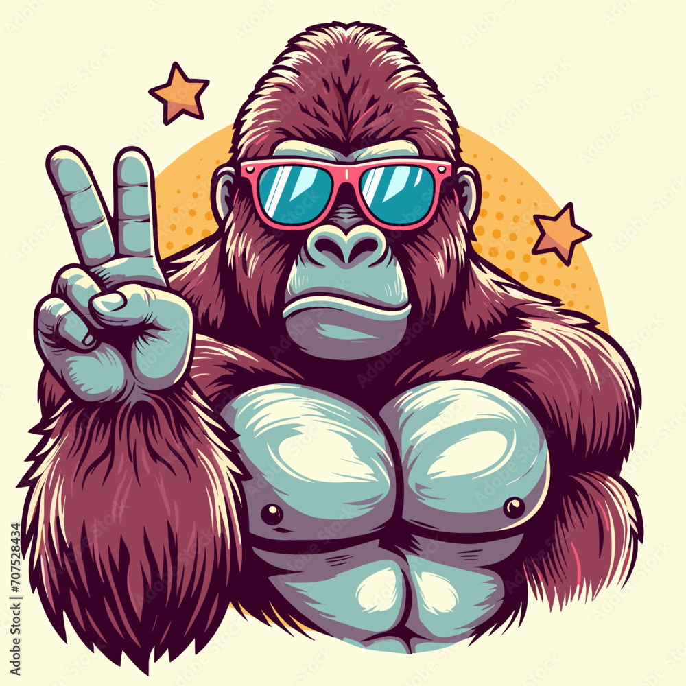 Ταπετσαρία cool-faced monkey wearing stylish glasses vector illustration Pop art color anim