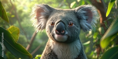 Realistic Koala Portrait in Lush Foliage  A 3D Render for Environmental Awareness and Nature-Themed Visuals