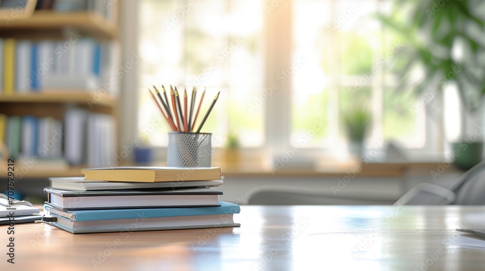 white table with books, stationery and copy space in blurred study room, flare light background white table with books, stationery and copy space in blurred study room, flare light background