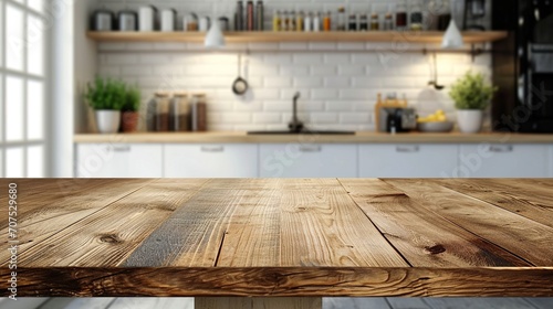 Wood desk space and kitchen background. for product display montage