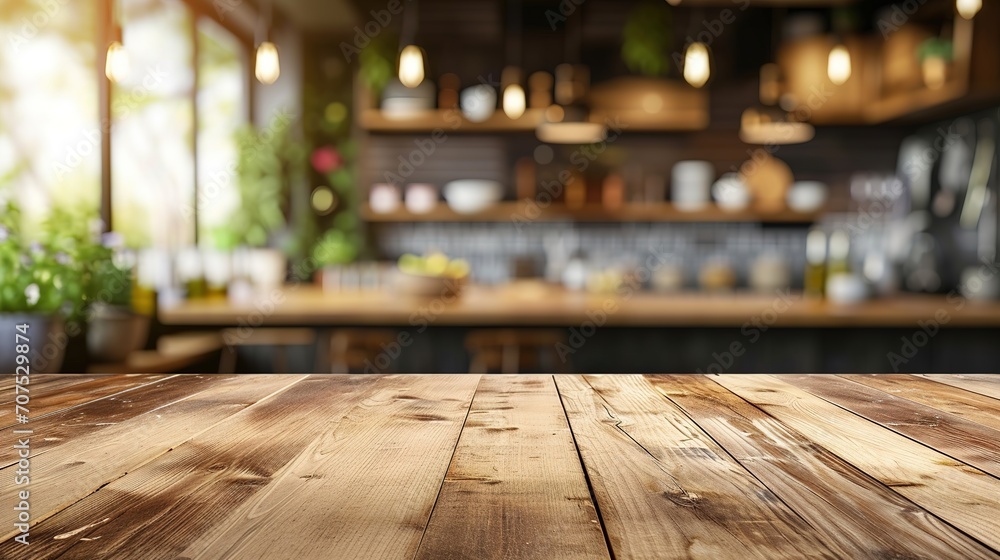 Wood desk space and kitchen background. for product display montage Wood desk space and kitchen background. for product display montage