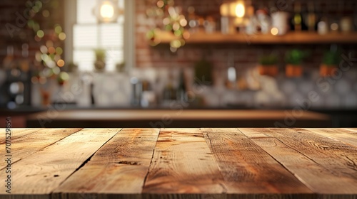 Wood desk space and kitchen background. 