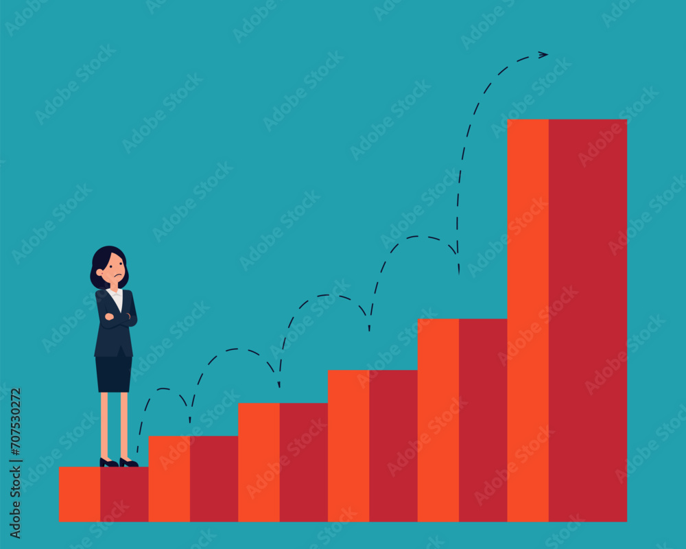 Standing in the beginning of bar chart graph on the first column and looking ahead toward future success. Vector planning career growth concept Standing in the beginning of bar chart graph on the first column and looking ahead toward future success. Vector planning career growth concept