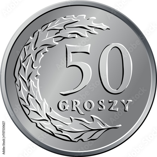 vector Polish Money fifty groszy silver coin reverse with Value and 50 leaves in semicircle shape photo