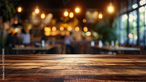 wood table top counter with abstract blur people moving in restaurant at dinner for present product on table frame