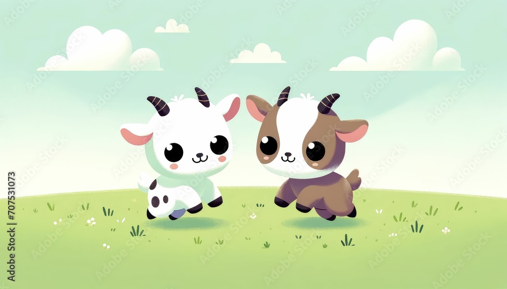 Cartoon Pygmy Goats Playing in a Minimalistic Grassy Field Cartoon Pygmy Goats Playing in a Minimalistic Grassy Field