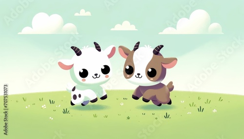 Cartoon Pygmy Goats Playing in a Minimalistic Grassy Field