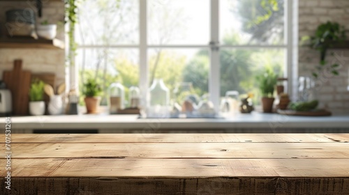 Wood table top on blur kitchen window background  panoramic banner 