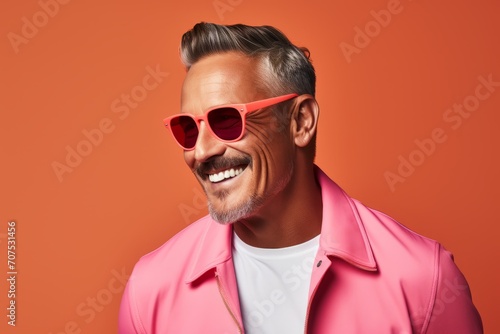 Fashionable mature man in pink jacket and sunglasses on orange background