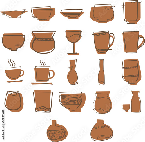 Abstract pottery, tableware, cup and jar illustration for decoration on primitive art, crafted and household concept.