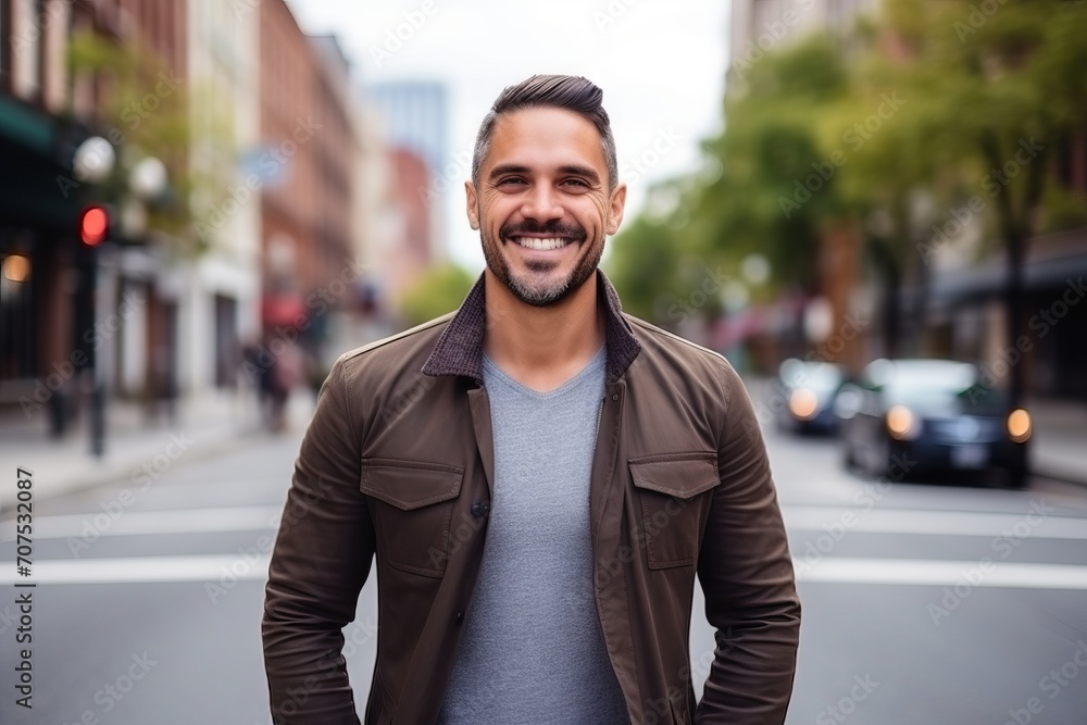 Portrait of a handsome young man smiling at the camera in the city