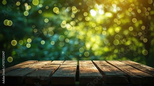 Wood table top on bokeh Green background photo