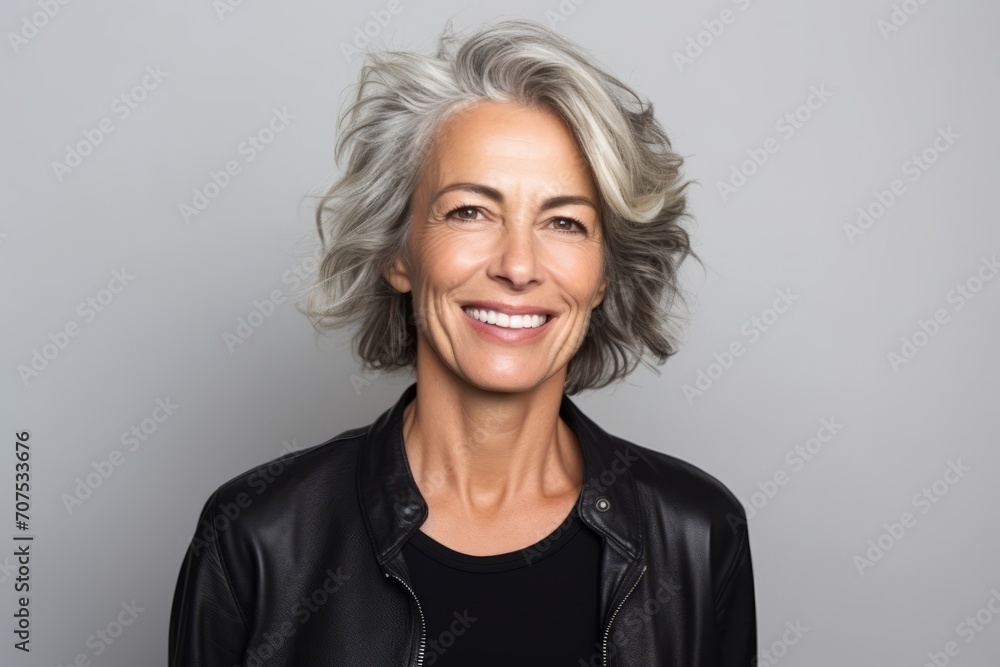 Portrait of a happy senior woman smiling at the camera over grey background Portrait of a happy senior woman smiling at the camera over grey background