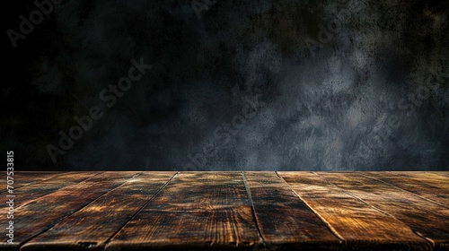 Wooden table in dark room background concept for advertising
