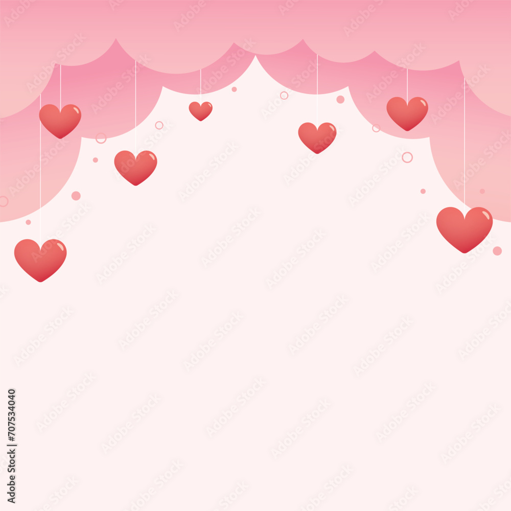 Happy valentine day. Hearts and clouds are holding by sting on top, soft pink background. Template for love and Valentine's day concept.