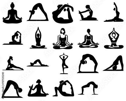 set of yoga and meditation black icons
