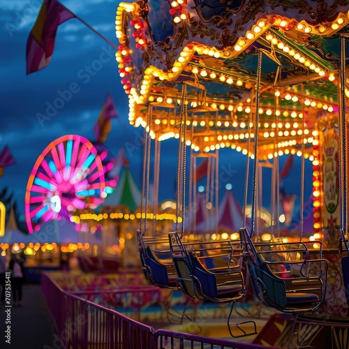 A colorful and festive carnival with rides Games And bright lights Capturing the joy Excitement And lively atmosphere of a traditional fair
