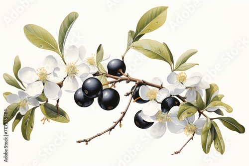 A botanical artwork features a branch with black berries and white flowers