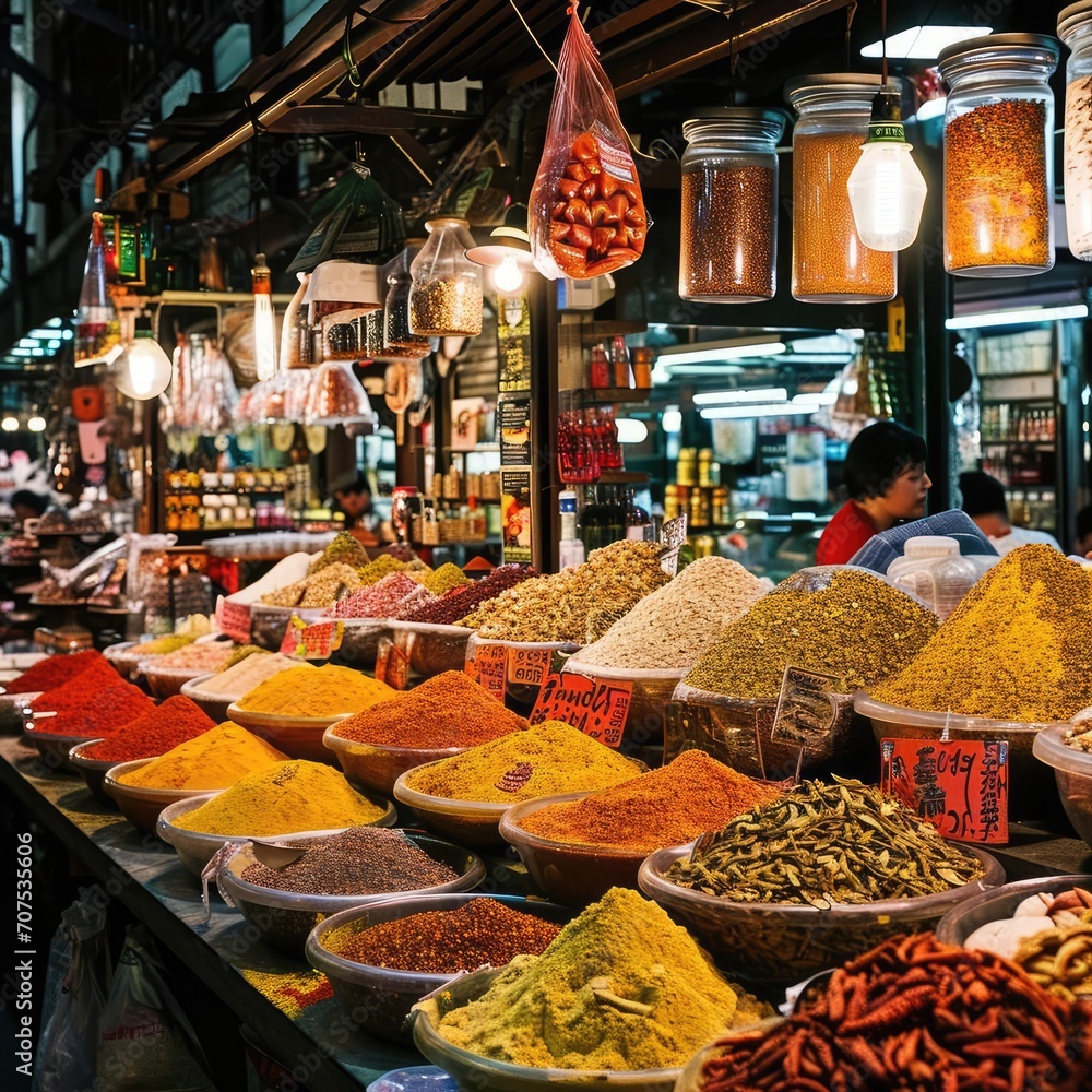 Obraz premium A bustling asian spice market with aromatic stalls Exotic spices And local vendors Showcasing culinary traditions Vibrant commerce And sensory experiences