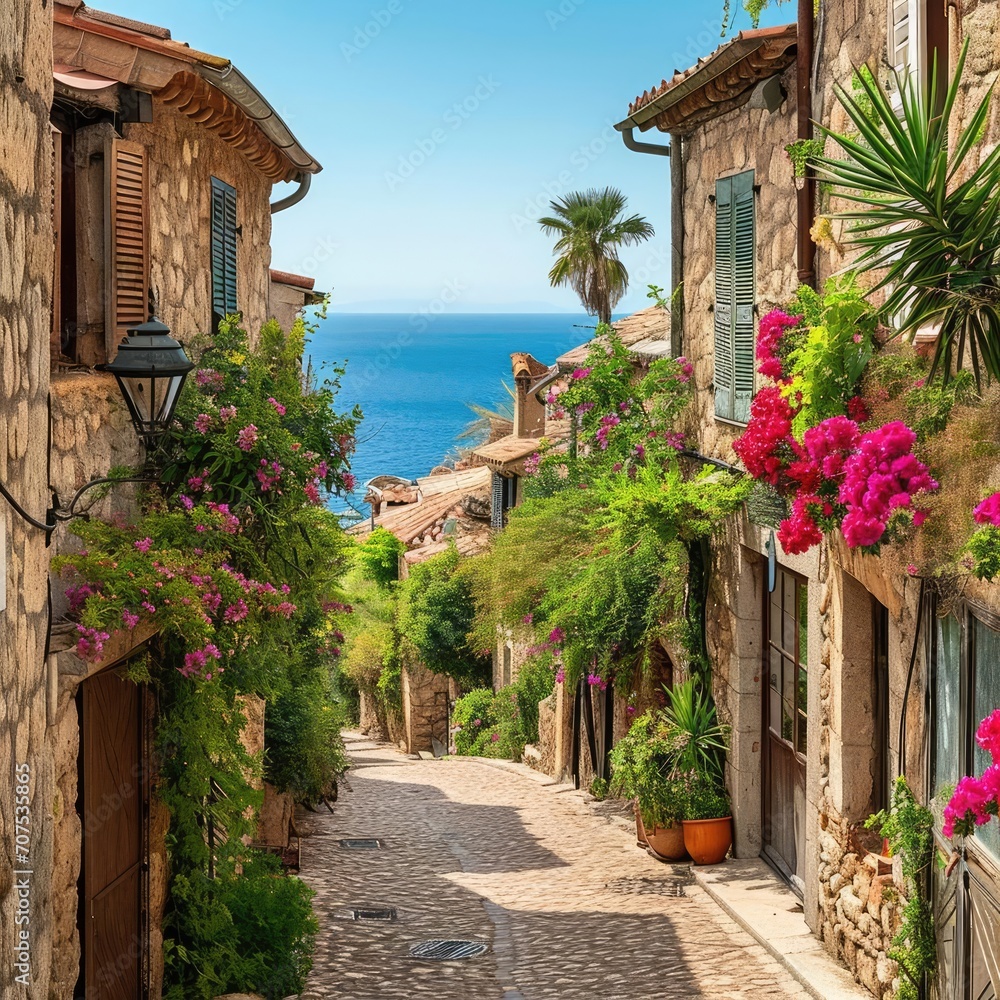 A charming mediterranean village with narrow cobblestone streets Historic buildings And seaside cafes Reflecting traditional lifestyle Architectural beauty And coastal charm