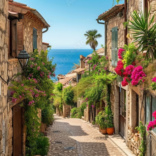 A charming mediterranean village with narrow cobblestone streets Historic buildings And seaside cafes Reflecting traditional lifestyle Architectural beauty And coastal charm