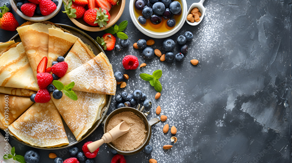 Fresh Crepes with Berries and Powdered Sugar
Crepes with a variety of fresh berries, powdered sugar, and honey on a dark textured background.
Fresh Crepes with Berries and Powdered Sugar
Crepes with a variety of fresh berries, powdered sugar, and honey on a dark textured background.