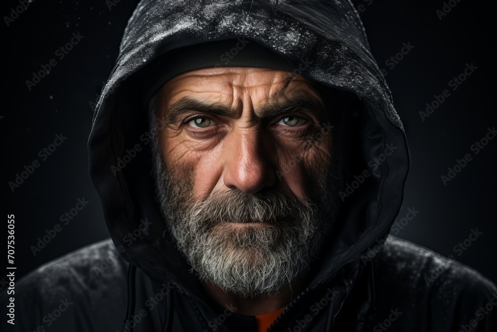Portrait of a senior man with a long gray beard and mustache in a hood on a dark background Portrait of a senior man with a long gray beard and mustache in a hood on a dark background
