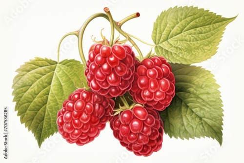 A painting features a cluster of raspberries on a branch.