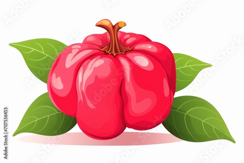 A red apple  adorned with green leaves  is displayed on a white background.