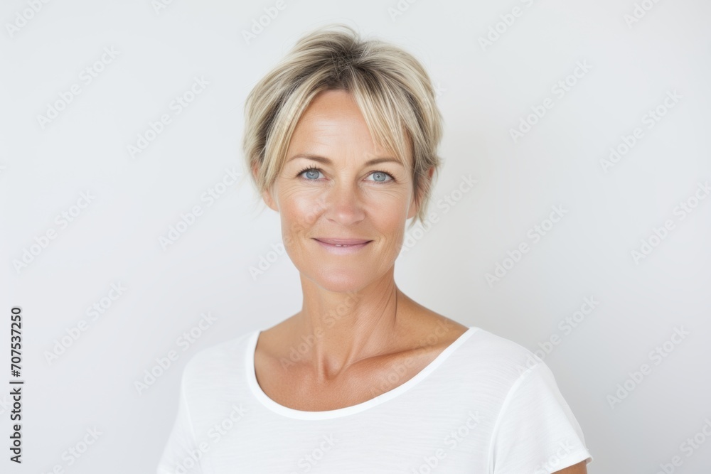 Portrait of a beautiful middle aged woman with short blonde hair smiling at the camera Portrait of a beautiful middle aged woman with short blonde hair smiling at the camera