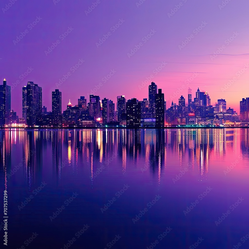 A panoramic view of a city skyline at twilight with lights reflecting on the water