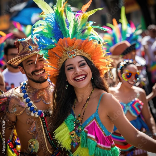 A lively latin american street carnival with samba dancers Vibrant floats And rhythmic music Celebrating cultural heritage Joyous festivities And community spirit.