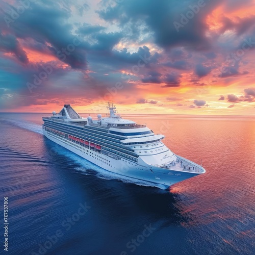 A luxurious cruise ship at sea with passengers enjoying amenities Open ocean views And a sense of adventure Epitomizing travel luxury and exploration