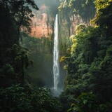 A majestic waterfall in a lush forest setting
