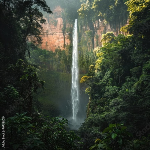 A majestic waterfall in a lush forest setting