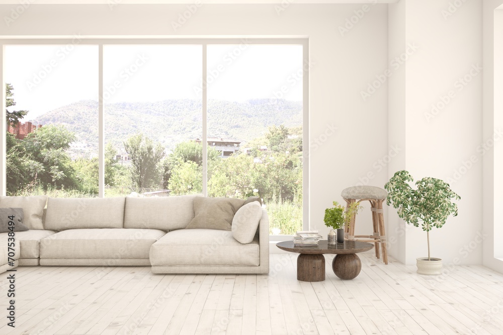 Contemporary classic white interior with furniture and decor and summer landscape in window. Scandinavian interior design. 3D illustration Contemporary classic white interior with furniture and decor and summer landscape in window. Scandinavian interior design. 3D illustration
