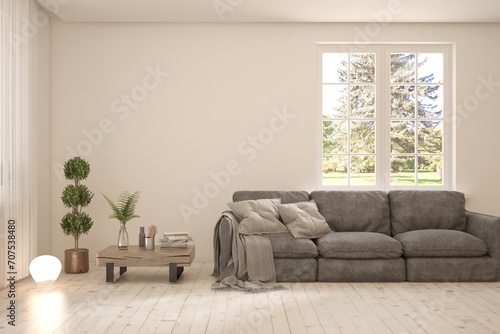 Contemporary classic white interior with furniture and decor and summer landscape in window. Scandinavian interior design. 3D illustration