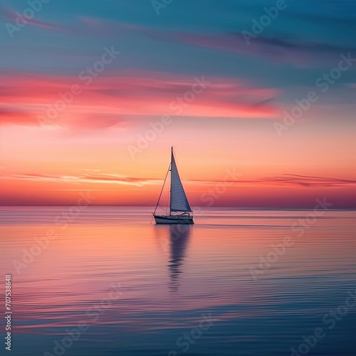 A sailboat on a calm sea at sunset