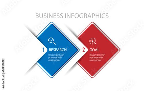 business infographic 2 parts or steps, there are icons, text, numbers. Can be used for presentation banners, workflow layouts, process diagrams, flow charts, info graphics, your business presentations