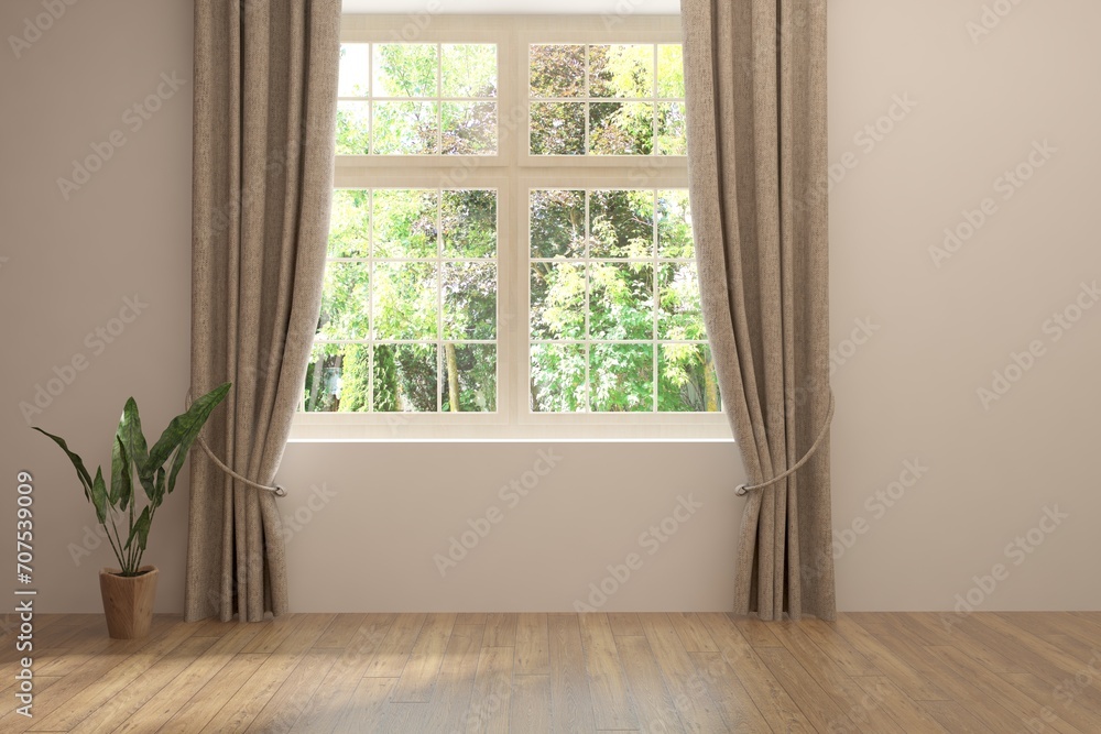 White empty room with summer landscape in window. Scandinavian interior design. 3D illustration White empty room with summer landscape in window. Scandinavian interior design. 3D illustration