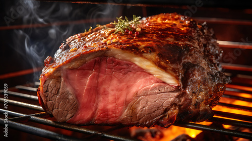 Juicy barbeque prime rib beef in a smoker, close up